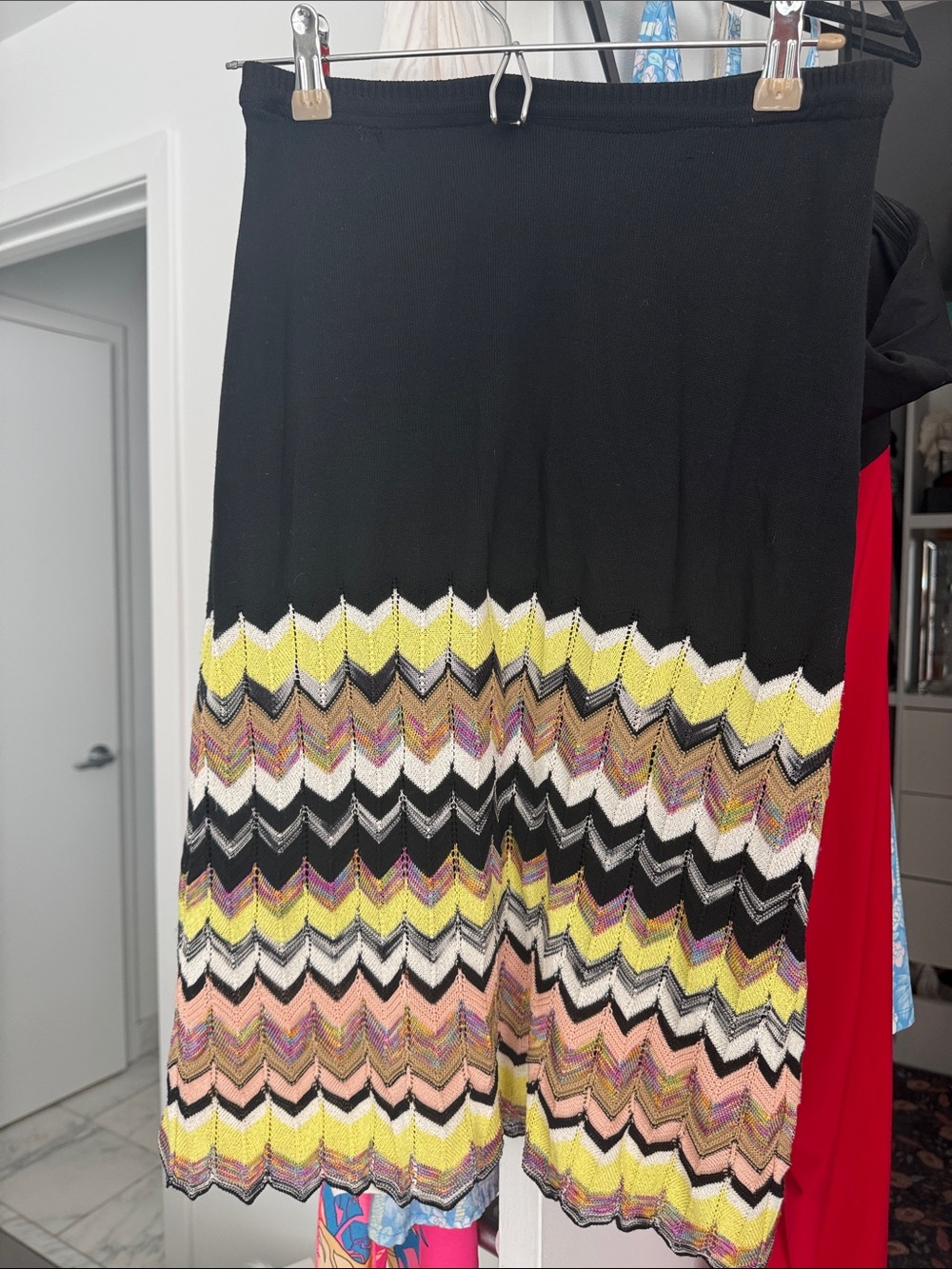 Missoni Black Midi Skirt with Yellow, Pink, White Chevron Knit